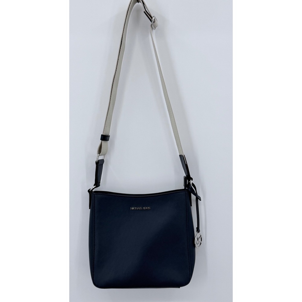 Michael Kors MK Crossbody Bag Small Navy Blue Saffiano Leather Silver Logo